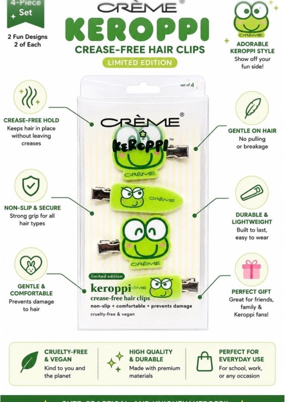 The Crème Shop x Sanrio • Keroppi Green Crease-Free Hair Clips - 4 Pack - Picture 5 of 7